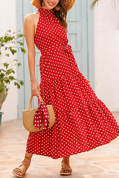 Polka Dot Halter Maxi Dress With Belt - Mislish