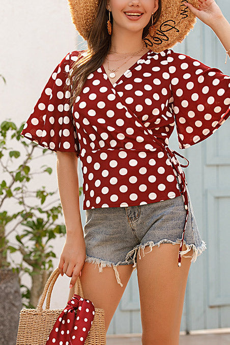 Polka Dot Lace-up Chiffon Blouse - Mislish