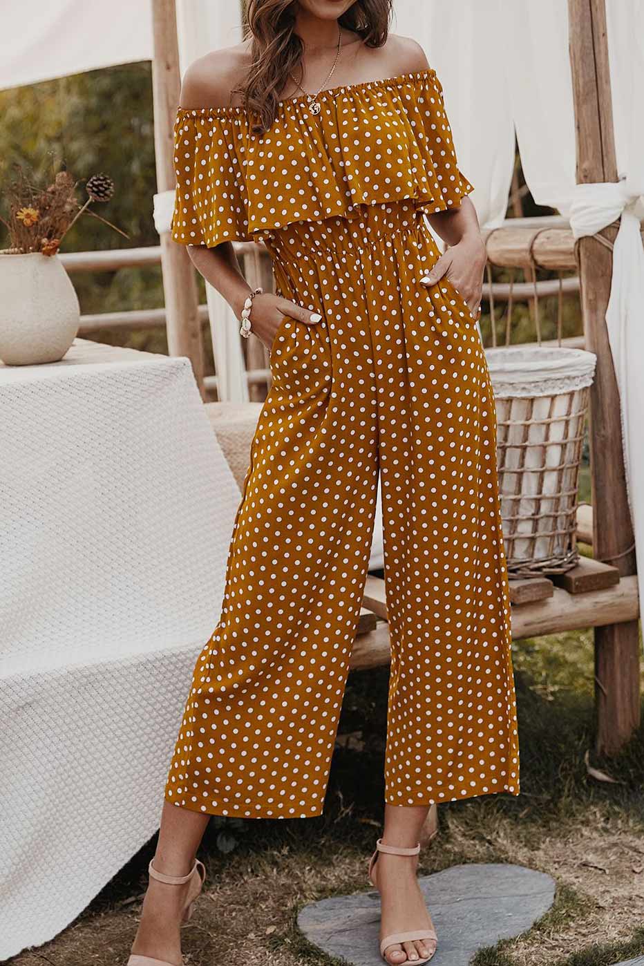 Polka Dot Off Shoulder Jumpsuit With Pockets - Mislish