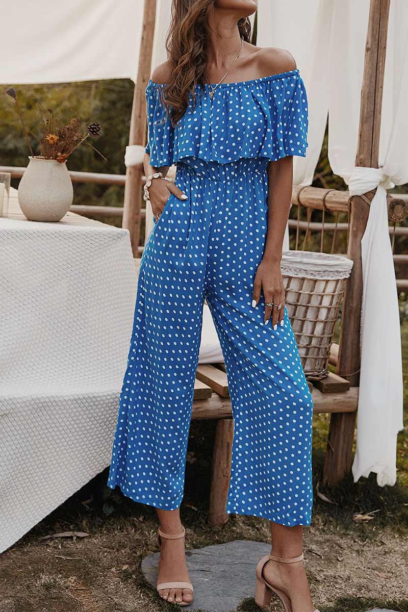 Polka Dot Off Shoulder Jumpsuit With Pockets - Mislish