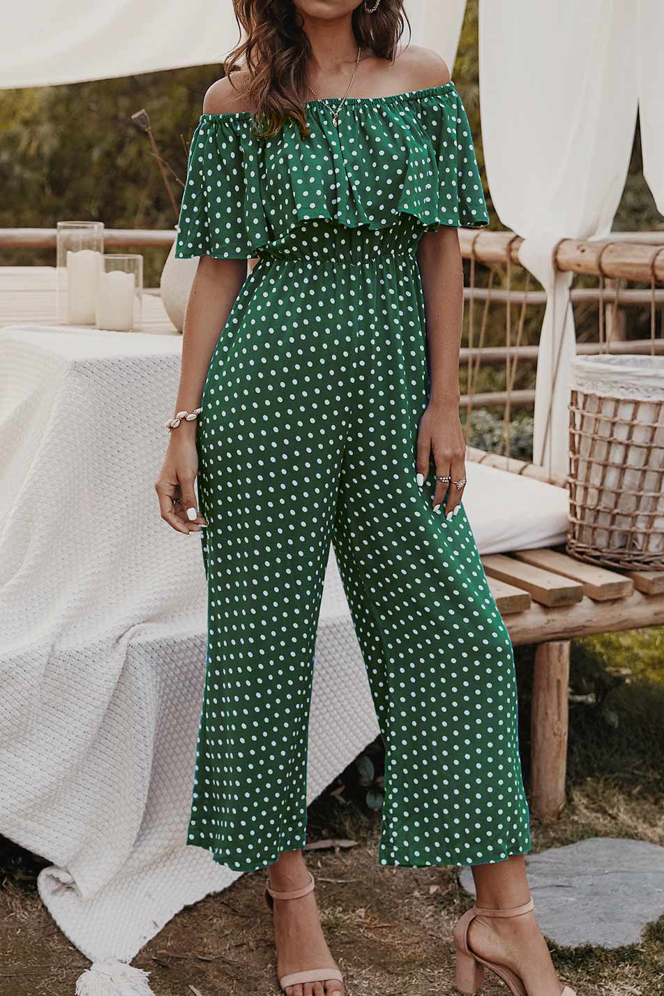 Polka Dot Off Shoulder Jumpsuit With Pockets - Mislish