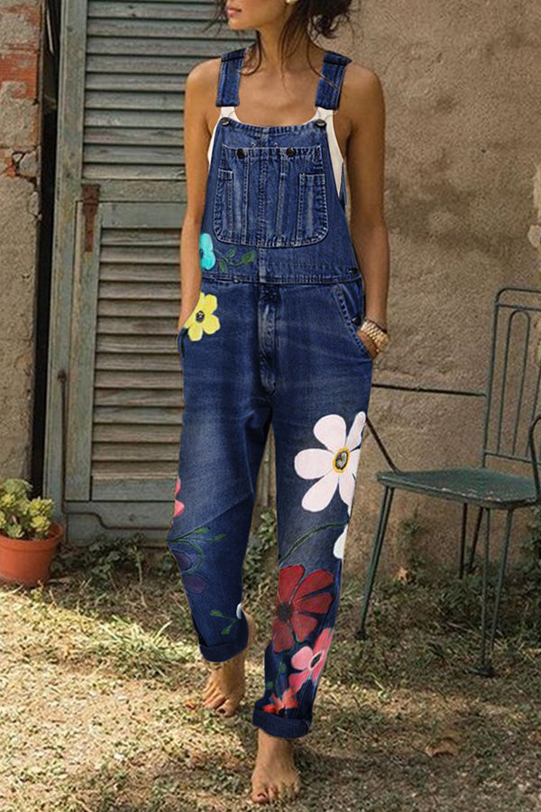 Printed Pockets Denim Jumpsuit - Mislish