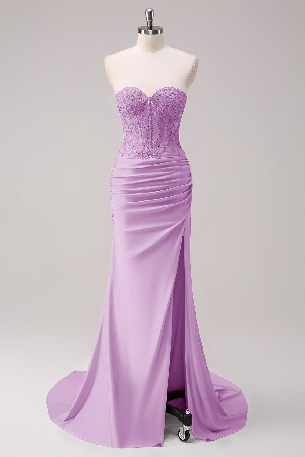 Fuchsia Mermaid Strapless Ruched Corset Long Prom Dress with Slit