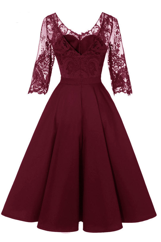 Burgundy A-line Applique Homecoming Dress With 3/4 Sleeves