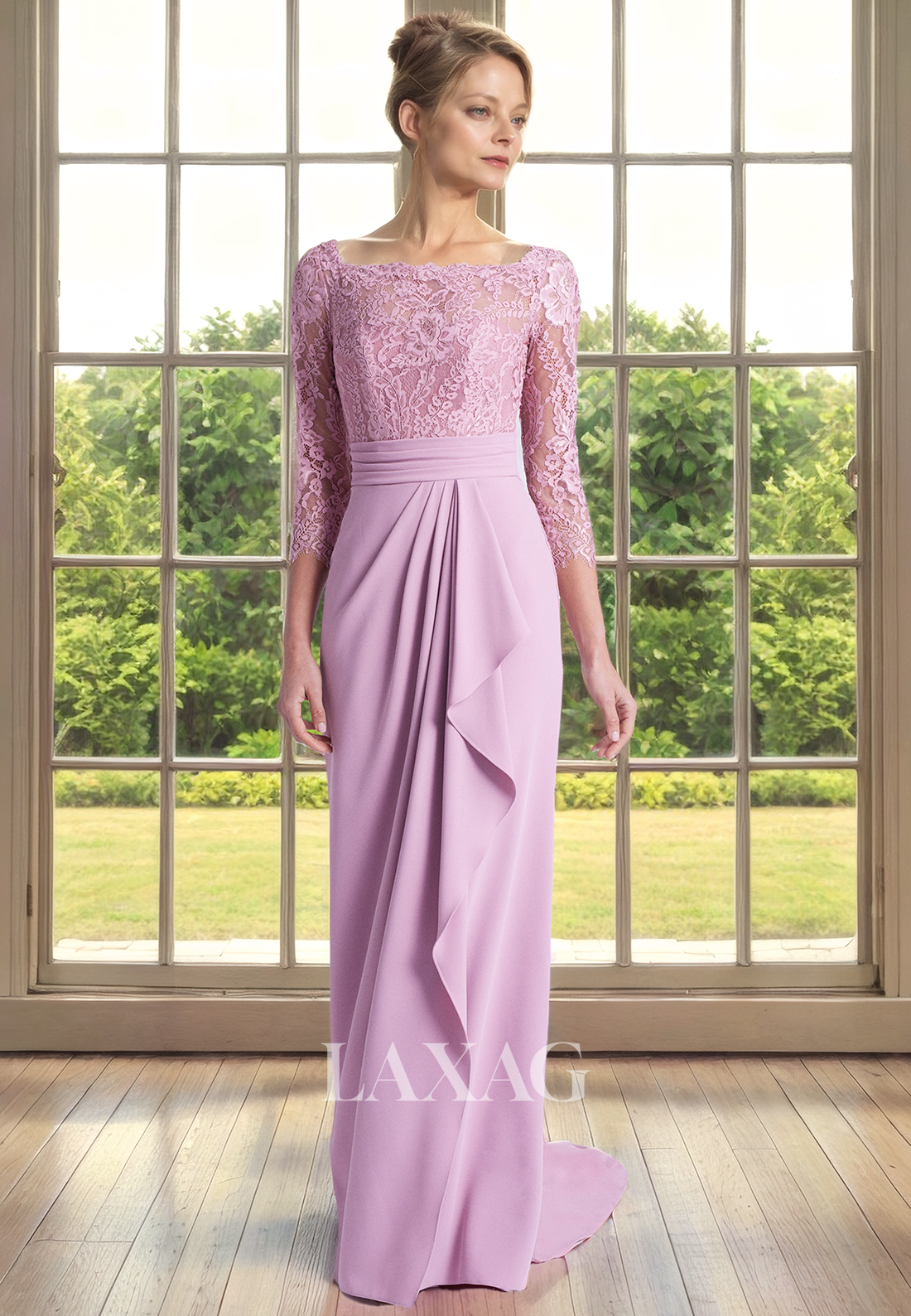 Quarter Sleeves Lace Appliques Sleek Satin Mother of the Bride Dress with Train - Fashionpara