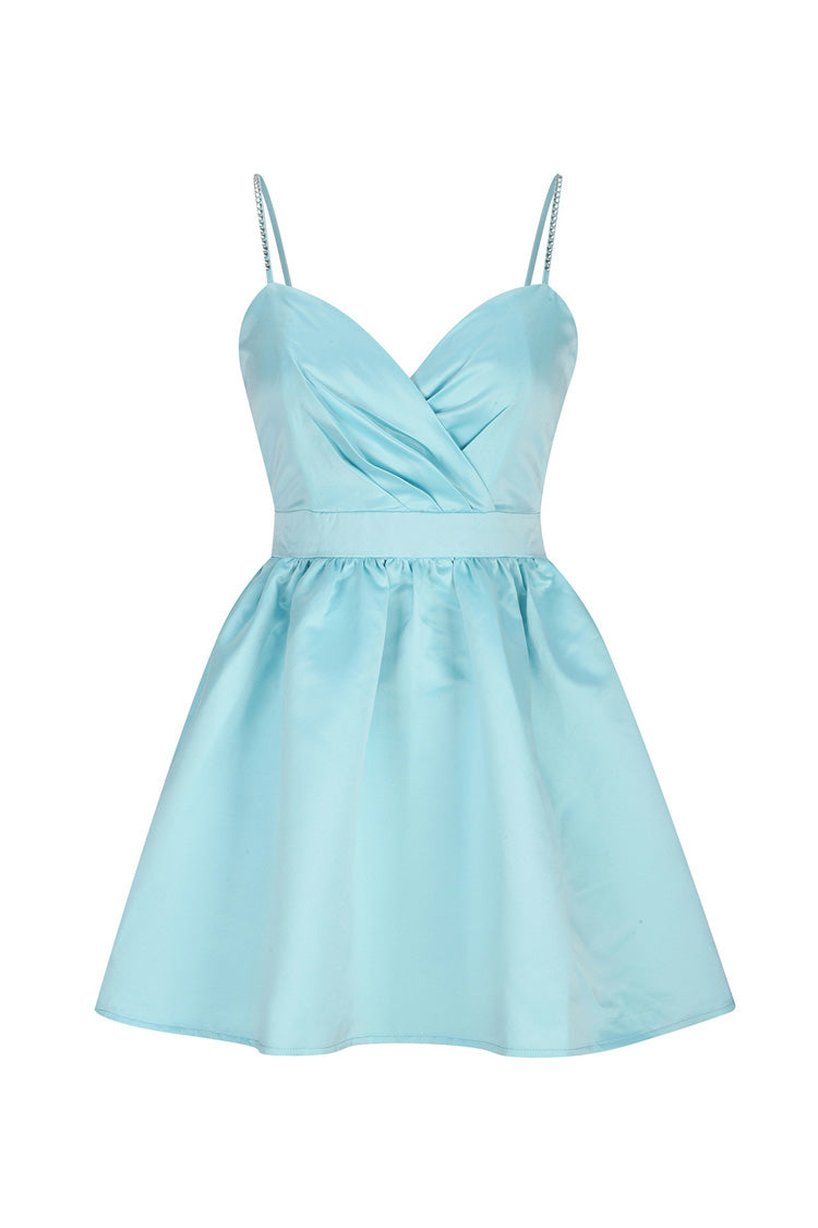 Silky Sweetheart Spaghetti Strap Pleated Satin Skater Mini Dress - Teal