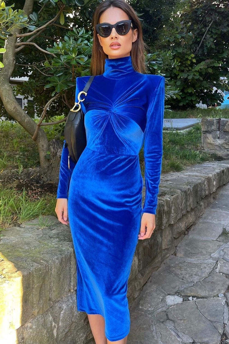 Classy High Neck Twist Long Sleeve Velvet Cocktail Party Midi Dress - Royal Blue - Fashionpara