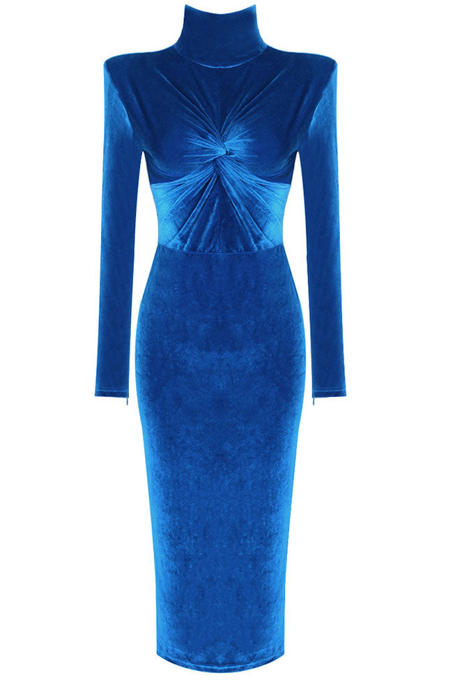 Classy High Neck Twist Long Sleeve Velvet Cocktail Party Midi Dress - Royal Blue - Fashionpara