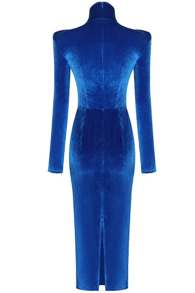 Classy High Neck Twist Long Sleeve Velvet Cocktail Party Midi Dress - Royal Blue - Fashionpara