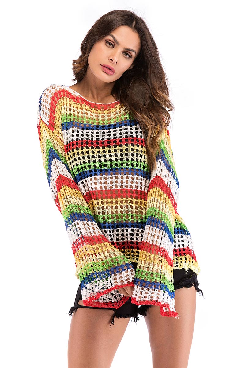 Rainbow Striped Cut Out Knit Blouse - Mislish