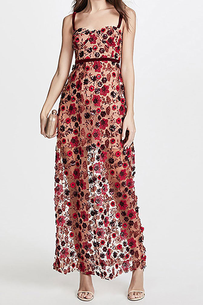 Red Applique See-through Maxi Dress