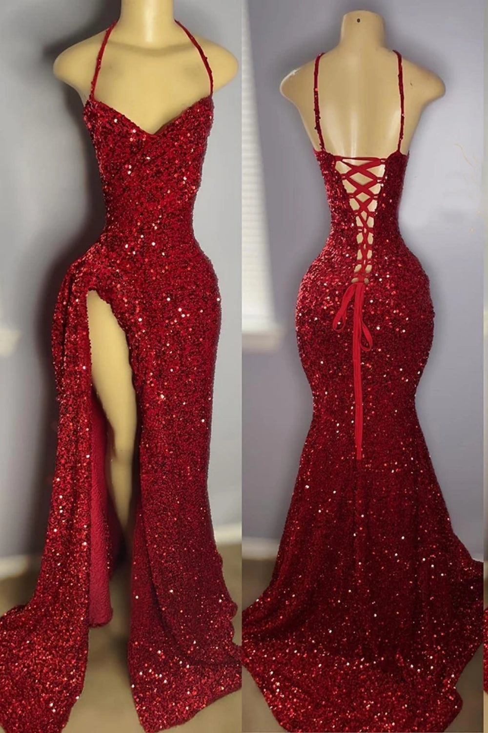 Red Sequined Prom Gown with Slit and Shiny Floor-Length Design - Fashionpara