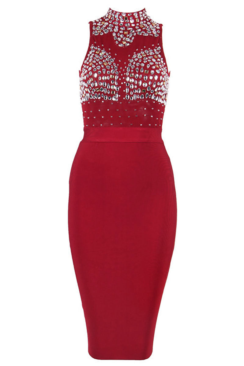 Burgundy Sleeveless High Neck Beading Bandage Dress