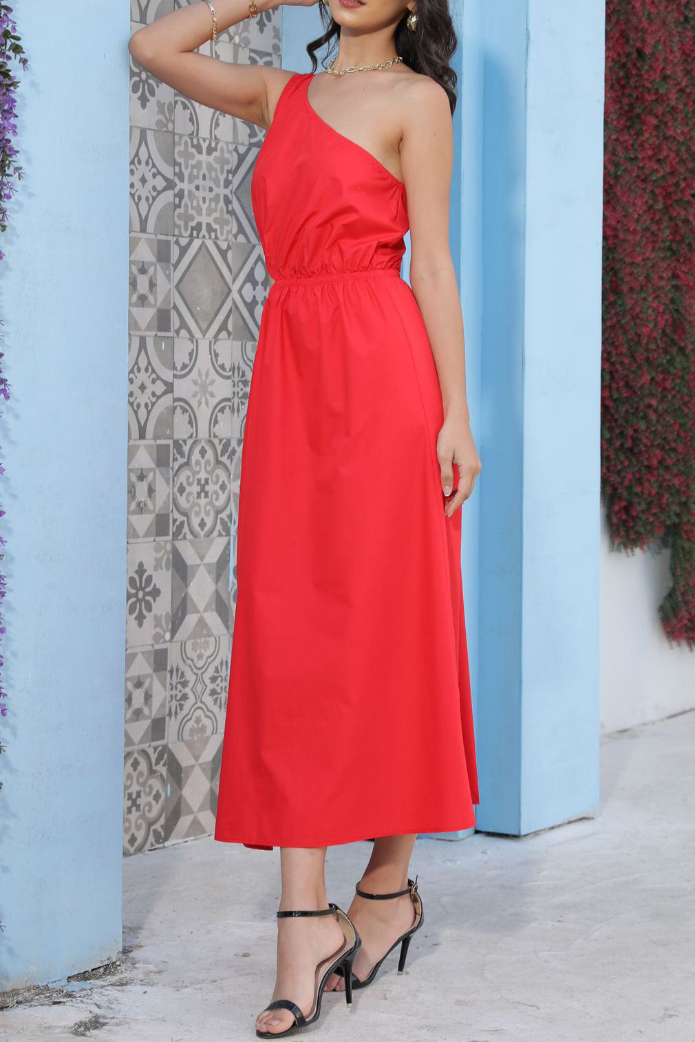 Chic Red One Shoulder Cut Out Maxi Dress