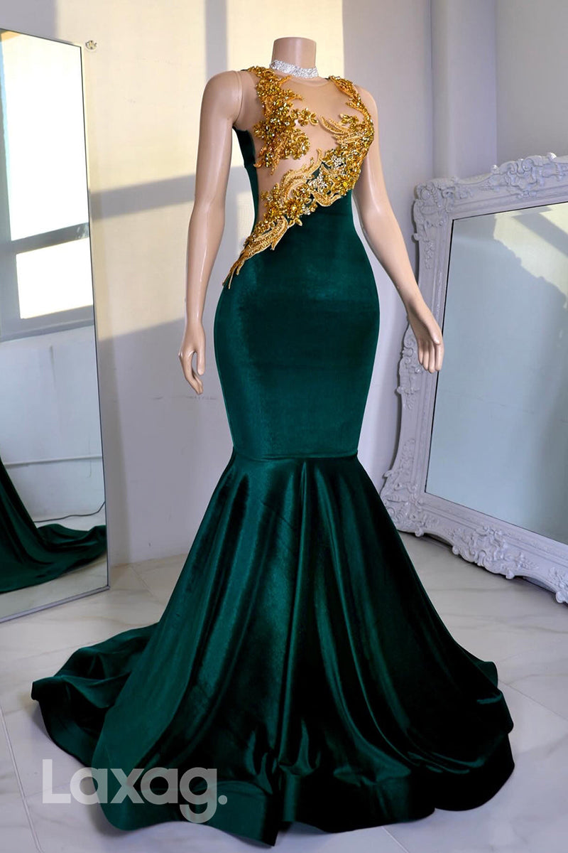 22544 - Round Beaded illusion Empire Mermaid Prom Dresses for Black Girl Slay - Fashionpara