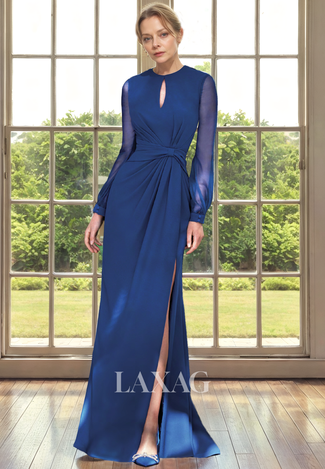 Round Long Sleeves Cutout Sleek Satin Mother of the Bride Dress with Slit - Fashionpara