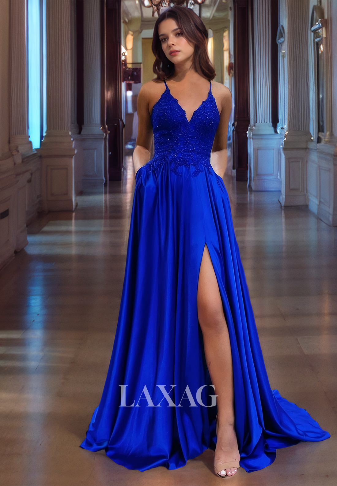 Royal Blue Formal Long Dress A-Line V-Neck Appique Top High Slit Prom Dress - Fashionpara