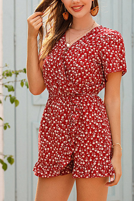 Ruffle Trim Frilled Waist Floral Romper - Mislish