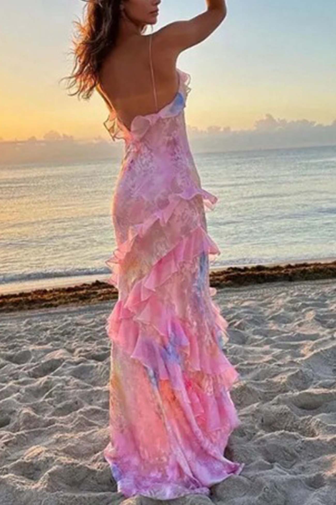 Ruffled Spaghetti Strap Backless Maxi Dress