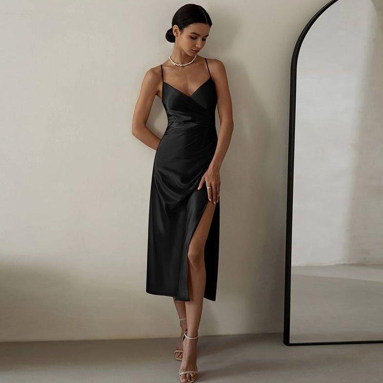 Lovely Lady Ruched Satin Midi Dress - Dresses - Mermaid Way