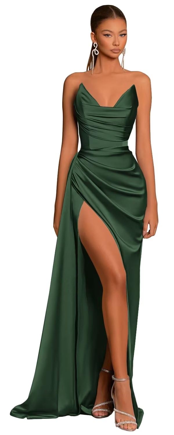 L1031 - Sheath/Column Strapless Satin Pleats Sleeveless Prom Dress - Fashionpara