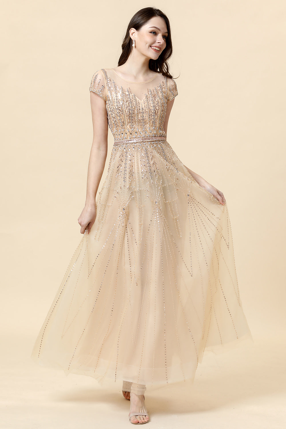 A Line Round Neck Golden Beaded Floor Length Formal Dress