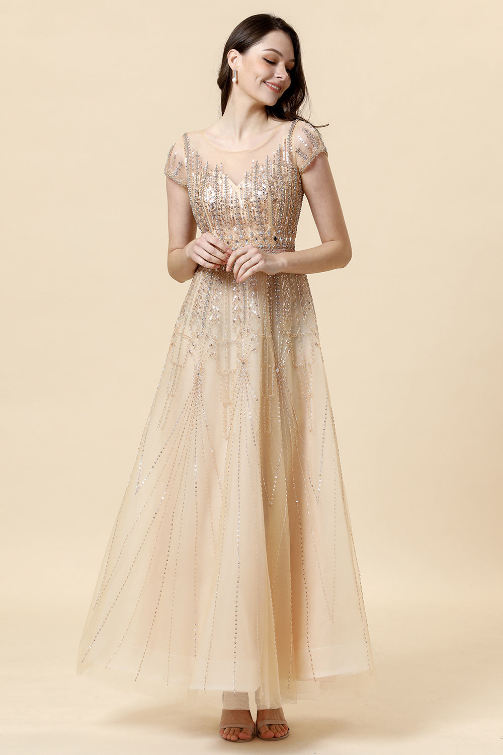 A Line Round Neck Golden Beaded Floor Length Formal Dress