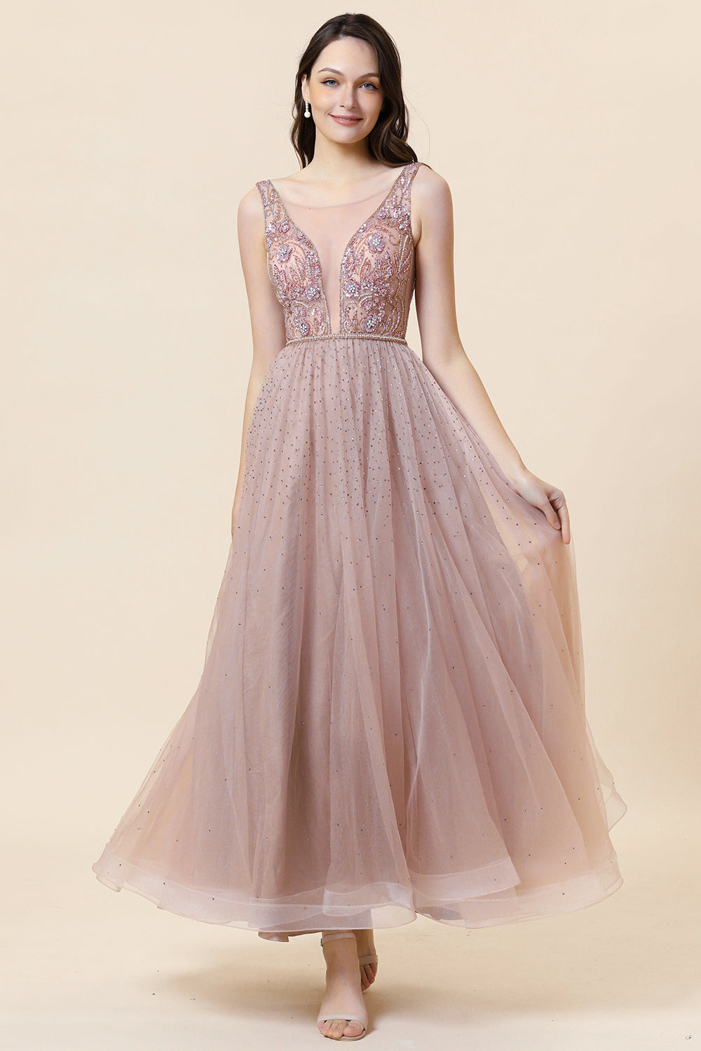 Sparkly Blush Beaded Long Tulle Prom Dress