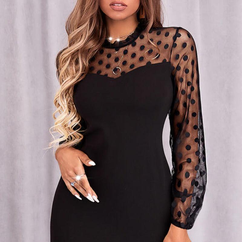 Becky Dot Print Long Sleeve Mesh Party Dress - Dresses - Mermaid Way