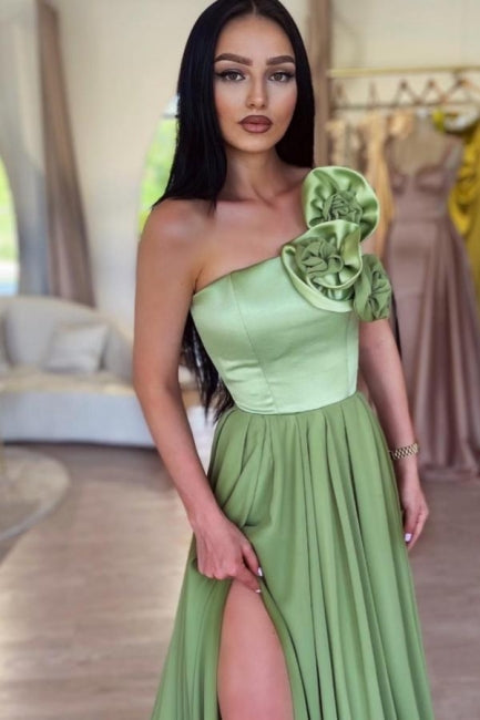 Sage One-Shoulder Court Train High Split Prom Dress With Ruffles - Fashionpara