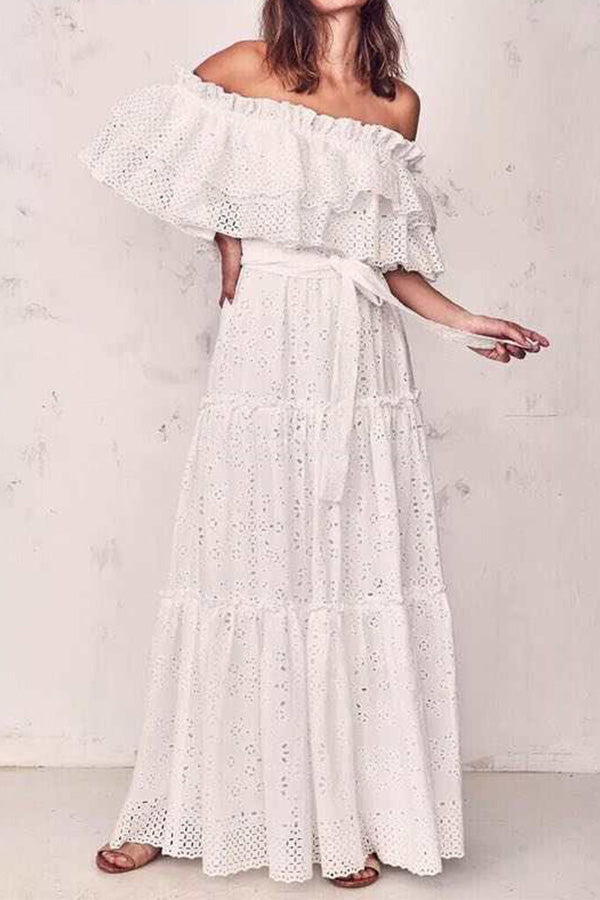 White Off-the-shoulder Ruffled Lace Dress