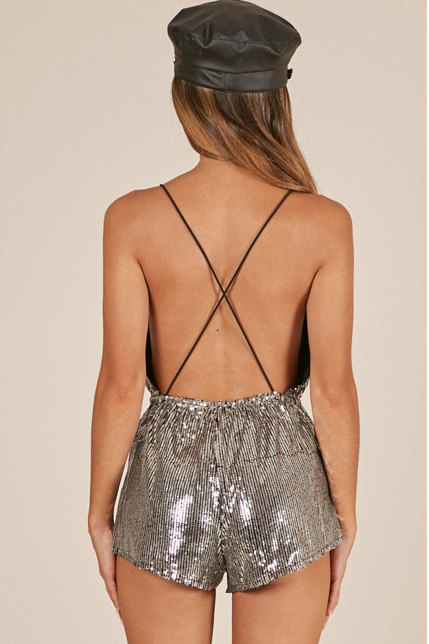 Short Sequined Backless V-neck Sparkly Romper