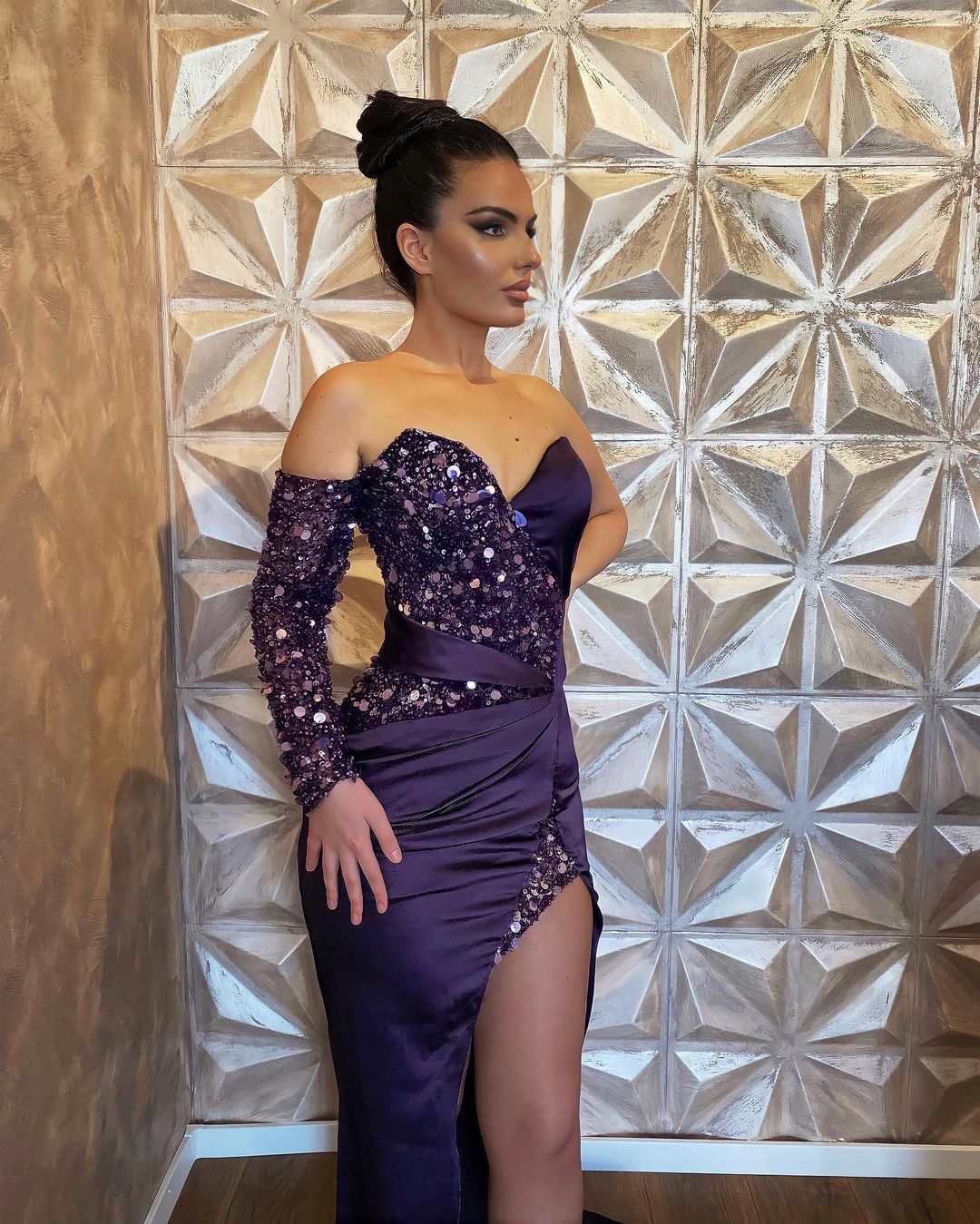 Sexy Long Mermaid Sequined Long Sleeve Dress with Slit for Prom - Fashionpara