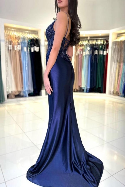 Sexy Long Navy Blue Mermaid V-neck Spaghetti Straps Lace Prom Dress with Slit - Fashionpara