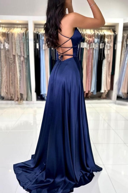 Sexy Long Simple Navy Blue Spaghetti Straps Prom Dress with Elegant Slit