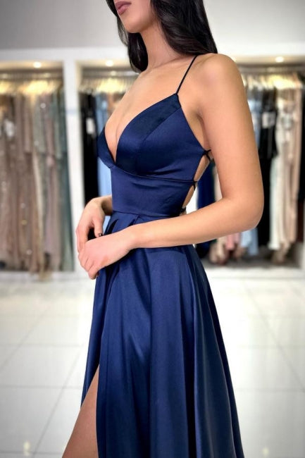 Sexy Long Simple Navy Blue Spaghetti Straps Prom Dress with Elegant Slit - Fashionpara