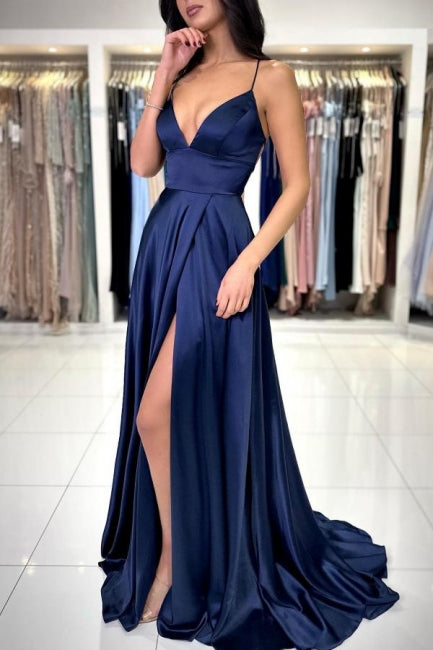 Sexy Long Simple Navy Blue Spaghetti Straps Prom Dress with Elegant Slit - Fashionpara