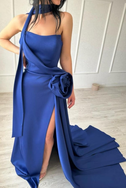 Sexy Simple Long Royal Blue Strapless Satin Prom Dress with Side Slit - Fashionpara