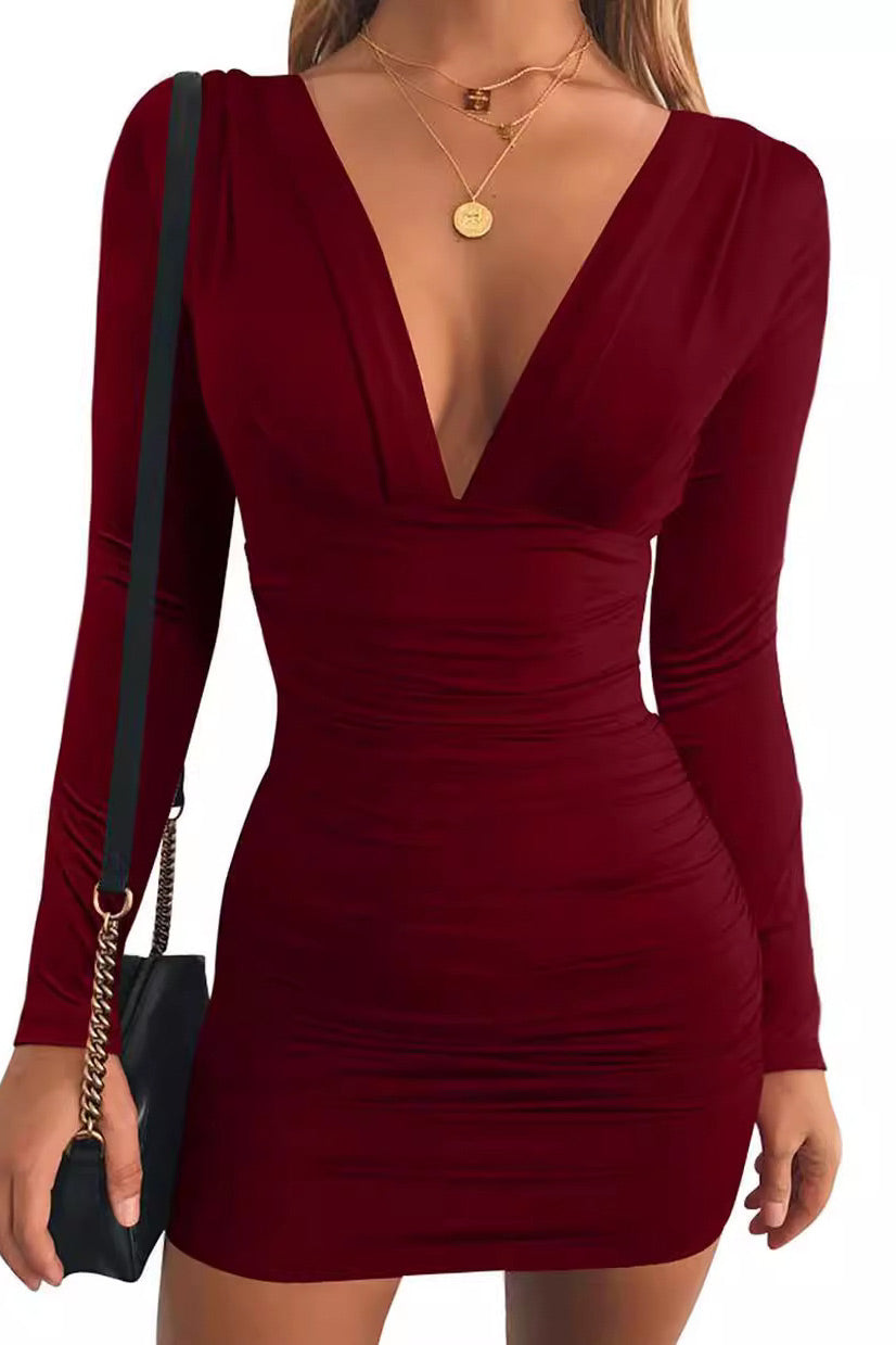 Sexy V-Neck Burgundy Mini Party Cocktail Dress