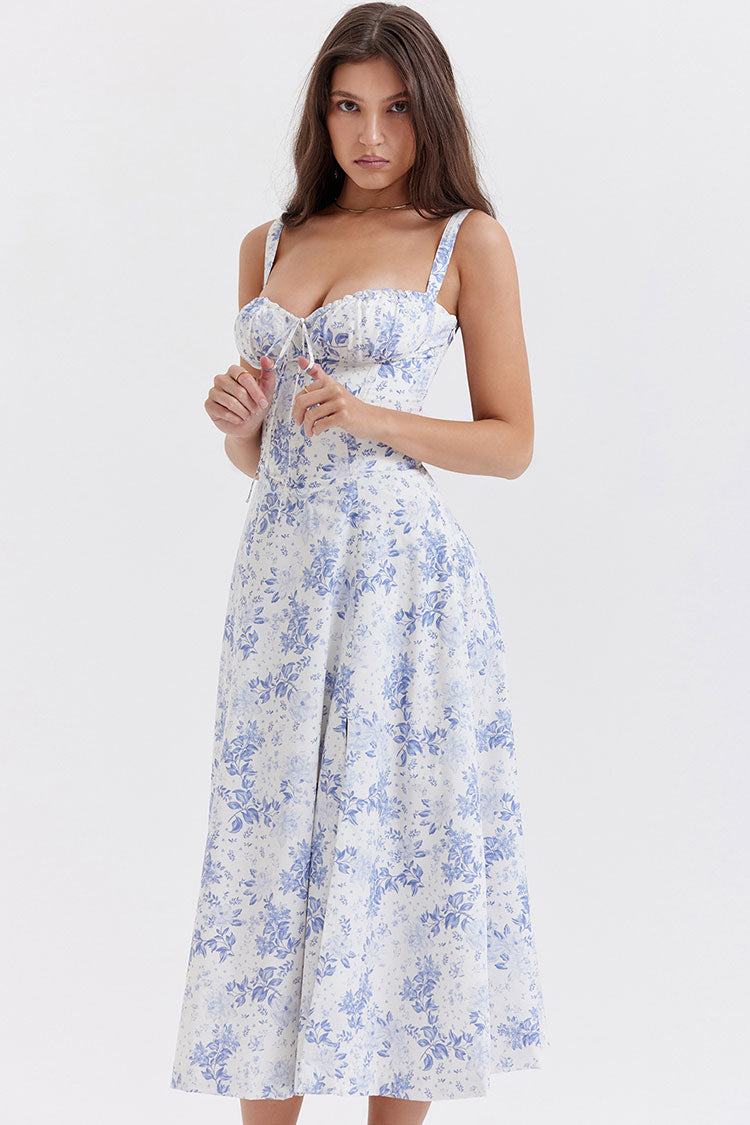 Floral Tie Front Lace Up Back Fit & Flare Split Midi Sundress - Blue - Fashionpara