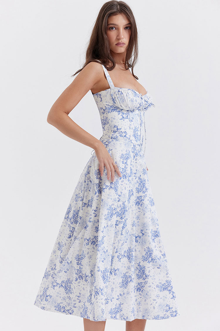 Floral Tie Front Lace Up Back Fit & Flare Split Midi Sundress - Blue - Fashionpara