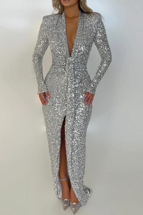 Sexy Silver Sequins Long Sleeve Plunging Prom Evening Dress