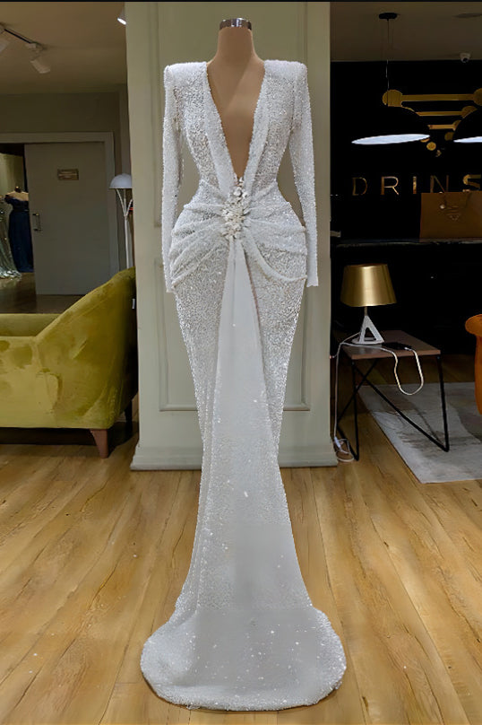 Sexy White Plunging Long Sleeve Evening Dress