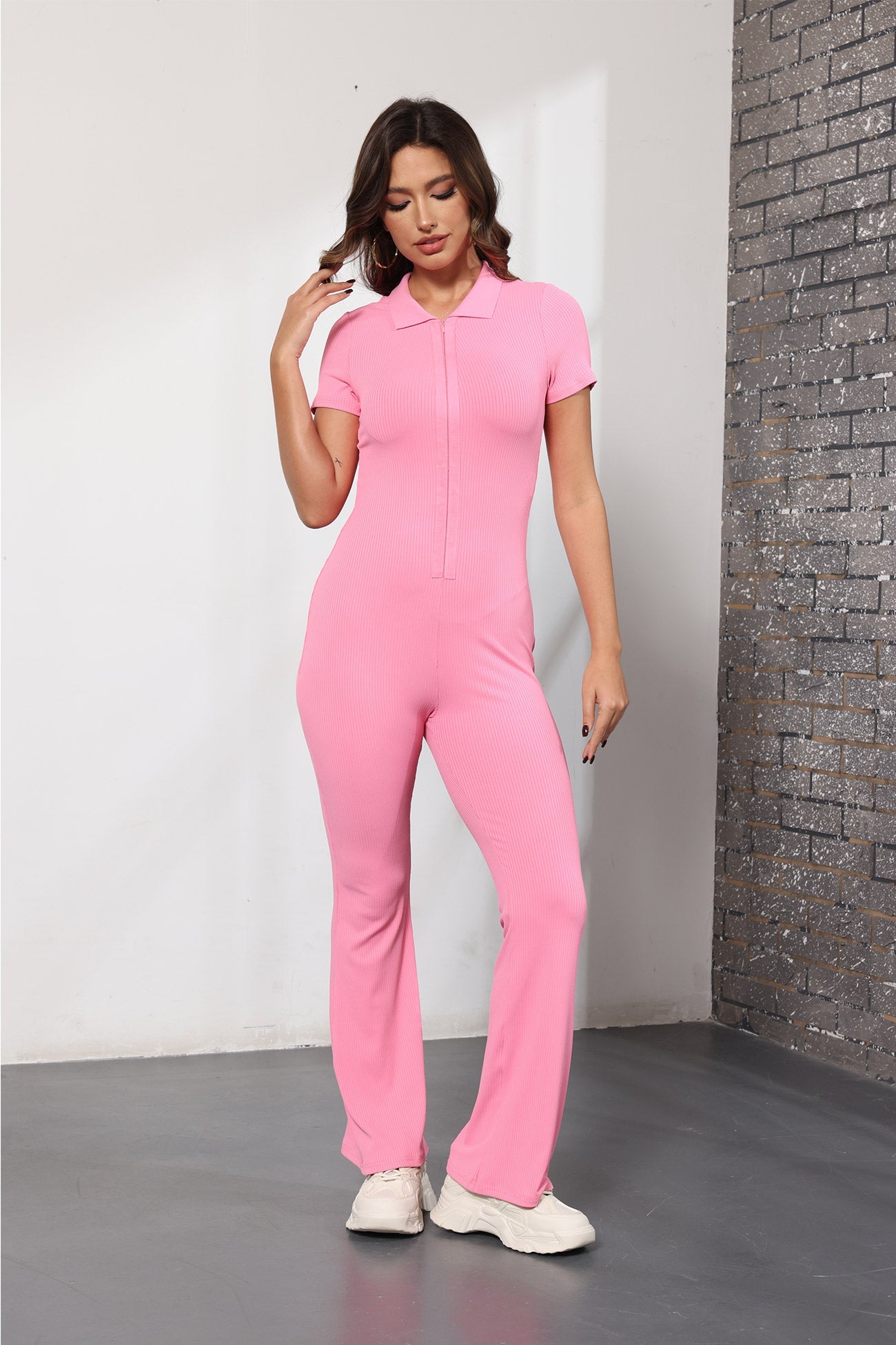 Short Sleeve Ribbed Zipper Jumpsuits