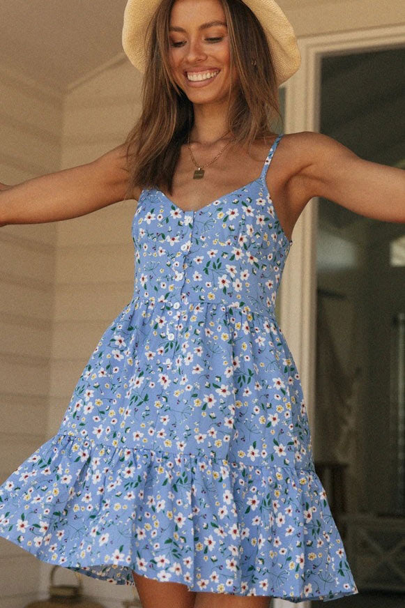 Short Blue Floral Spaghetti Strap A-line Dress