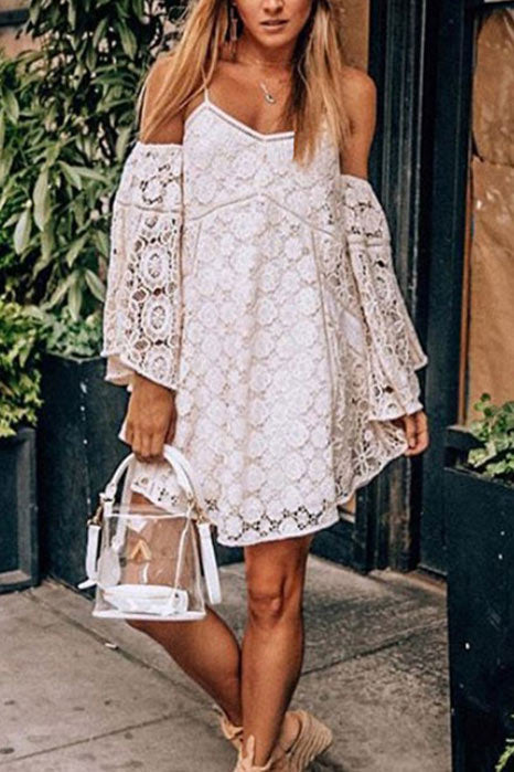 Short Mini White Lace Spaghetti Straps Dress 