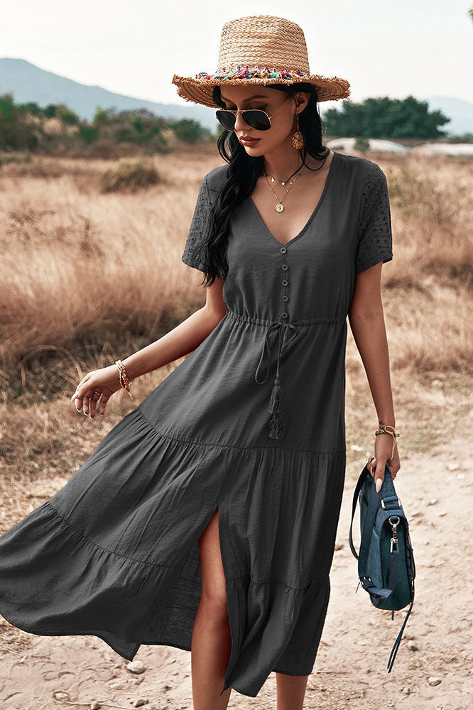 Burgundy Short Sleeve  A-Line Summer Dress 