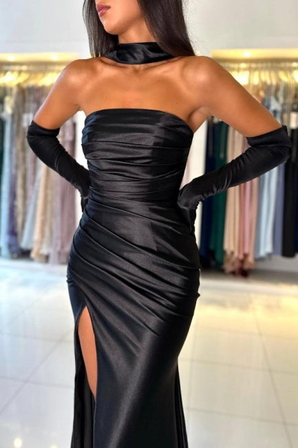 Simple Long Black Mermaid Strapless Satin Prom Dress with Side Slit - Fashionpara