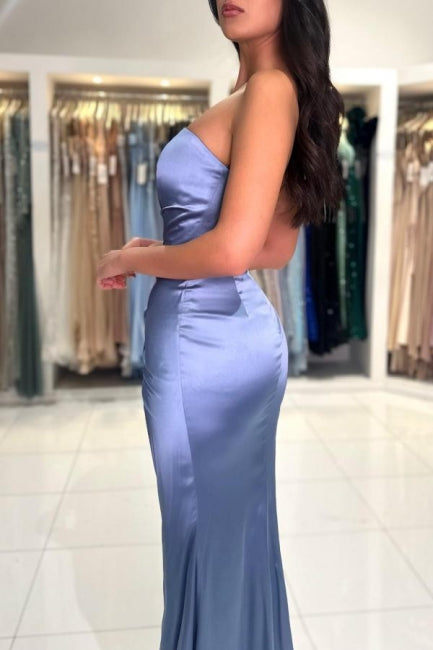 Chic Long Dusty Blue Mermaid Satin Sleeveless Prom Dress with Stylish Slit - Fashionpara