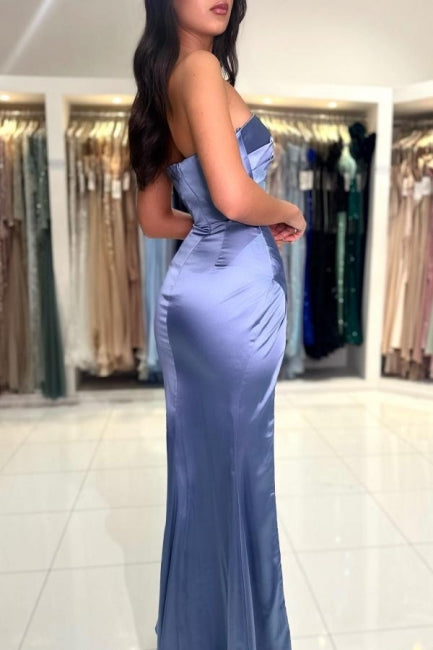 Chic Long Dusty Blue Mermaid Satin Sleeveless Prom Dress with Stylish Slit - Fashionpara